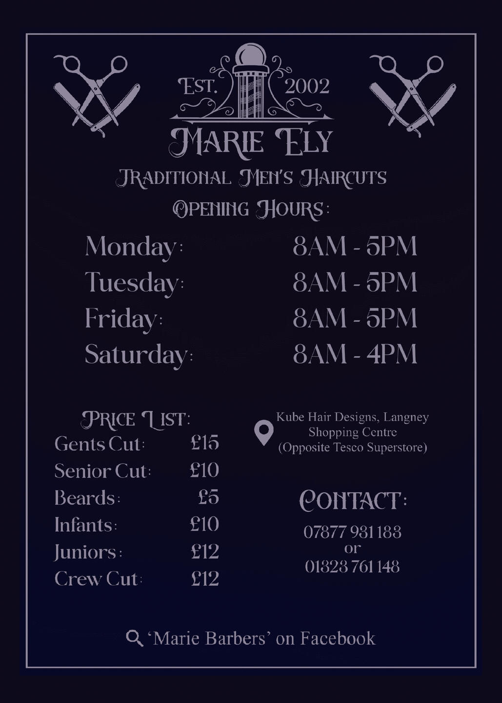 Flyer for Marie Ely @ Kube Hair Stylists, Eastbourne - 2024
